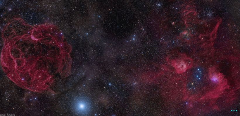 Der fragliche schnelle Radioburst, FRB 121102, befindet sich oben rechts im Bild. Links befindet sich ein großer Überrest einer Supernova.